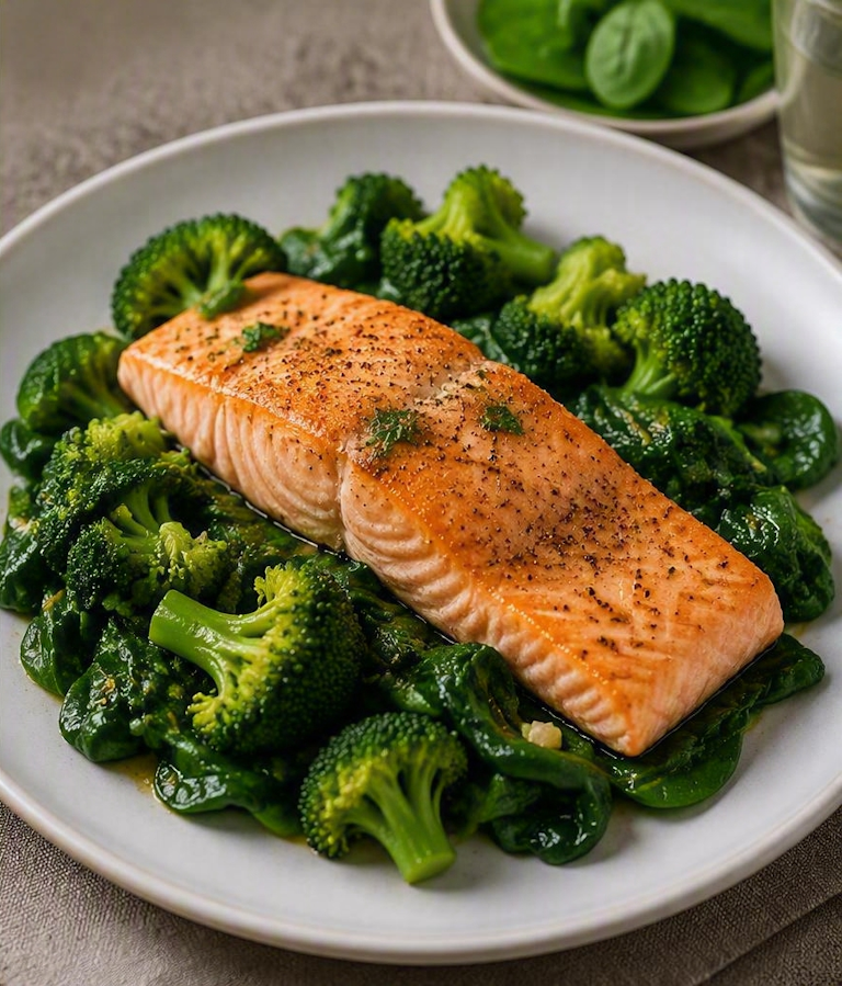Lachs mit Brokkoli und Spinat